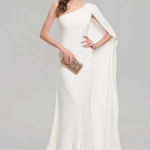 JJs House One-Shoulder White Evening Gown with Cape Sleeve